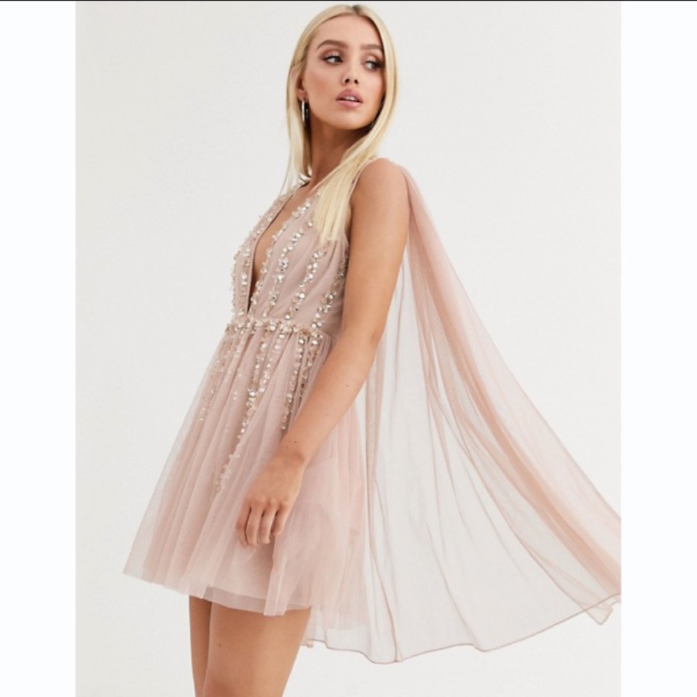 🌷ASOS🌷 Embellished Cape Plunge Tulle Mini Dress - Picture 6 of 16